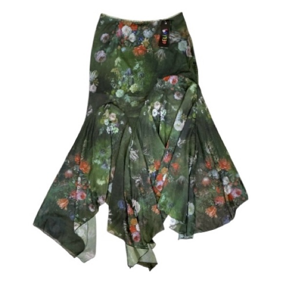 Dolls Kill dELiA*s NWT Green Multicolored Floral Mesh Handkerchief Skirt M - Picture 2 of 8